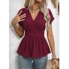 image:imageAstylish Womens Elegant Wrap V Neck Peplum Tops Cap Sleeve Stretchy Ruched Ruffle Dressy Blouses ShirtsBurgundy