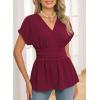 image:imageAstylish Womens Elegant Wrap V Neck Peplum Tops Cap Sleeve Stretchy Ruched Ruffle Dressy Blouses ShirtsBurgundy