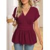 image:imageAstylish Womens Elegant Wrap V Neck Peplum Tops Cap Sleeve Stretchy Ruched Ruffle Dressy Blouses ShirtsBurgundy