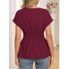 image:imageAstylish Womens Elegant Wrap V Neck Peplum Tops Cap Sleeve Stretchy Ruched Ruffle Dressy Blouses ShirtsBurgundy