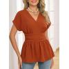 image:imageAstylish Womens Elegant Wrap V Neck Peplum Tops Cap Sleeve Stretchy Ruched Ruffle Dressy Blouses ShirtsCinnamon