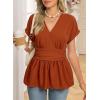 image:imageAstylish Womens Elegant Wrap V Neck Peplum Tops Cap Sleeve Stretchy Ruched Ruffle Dressy Blouses ShirtsCinnamon