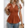 image:imageAstylish Womens Elegant Wrap V Neck Peplum Tops Cap Sleeve Stretchy Ruched Ruffle Dressy Blouses ShirtsCinnamon