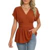 image:imageAstylish Womens Elegant Wrap V Neck Peplum Tops Cap Sleeve Stretchy Ruched Ruffle Dressy Blouses ShirtsCinnamon