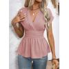 image:imageAstylish Womens Elegant Wrap V Neck Peplum Tops Cap Sleeve Stretchy Ruched Ruffle Dressy Blouses ShirtsFushia