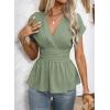 image:imageAstylish Womens Elegant Wrap V Neck Peplum Tops Cap Sleeve Stretchy Ruched Ruffle Dressy Blouses ShirtsGrass Green