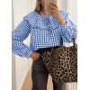 image:imageAstylish Womens Plaid Ruffle Peter Pan Neck Blouse Casual Long Sleeve Gingham Trendy Tops Work Checkered ShirtNavy Blue