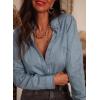 image:imageAstylish Womens Ruffle V Neck Button Down Denim Shirt Casual Long Sleeve Trendy Chambray Jean Tops WorkBeau Blue