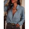 image:imageAstylish Womens Ruffle V Neck Button Down Denim Shirt Casual Long Sleeve Trendy Chambray Jean Tops WorkBeau Blue