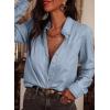 image:imageAstylish Womens Ruffle V Neck Button Down Denim Shirt Casual Long Sleeve Trendy Chambray Jean Tops WorkMyosotis