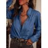 image:imageAstylish Womens Ruffle V Neck Button Down Denim Shirt Casual Long Sleeve Trendy Chambray Jean Tops WorkSail Blue