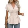 image:imageAstylish Womens Elegant Wrap V Neck Peplum Tops Cap Sleeve Stretchy Ruched Ruffle Dressy Blouses ShirtsApricot