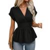 image:imageAstylish Womens Elegant Wrap V Neck Peplum Tops Cap Sleeve Stretchy Ruched Ruffle Dressy Blouses ShirtsBlack