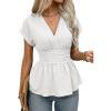 image:imageAstylish Womens Elegant Wrap V Neck Peplum Tops Cap Sleeve Stretchy Ruched Ruffle Dressy Blouses ShirtsWhite