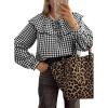 image:imageAstylish Womens Plaid Ruffle Peter Pan Neck Blouse Casual Long Sleeve Gingham Trendy Tops Work Checkered ShirtBlack