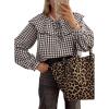 image:imageAstylish Womens Plaid Ruffle Peter Pan Neck Blouse Casual Long Sleeve Gingham Trendy Tops Work Checkered ShirtCoffee