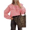 image:imageAstylish Womens Plaid Ruffle Peter Pan Neck Blouse Casual Long Sleeve Gingham Trendy Tops Work Checkered ShirtFiery Red