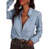 image:imageAstylish Womens Ruffle V Neck Button Down Denim Shirt Casual Long Sleeve Trendy Chambray Jean Tops WorkMyosotis