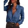 image:imageAstylish Womens Ruffle V Neck Button Down Denim Shirt Casual Long Sleeve Trendy Chambray Jean Tops WorkSail Blue