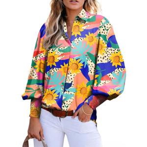 image:imageAstylish Women Loose VNeck Shirts Paisley Print Lantern Sleeve Blouse Boho TopsOrange