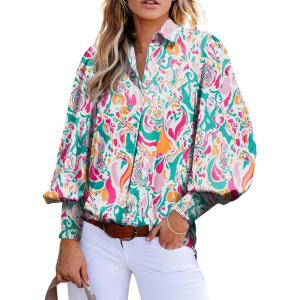 image:imageAstylish Women Loose VNeck Shirts Paisley Print Lantern Sleeve Blouse Boho TopsRed