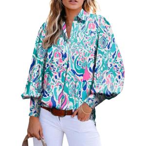 image:imageAstylish Women Loose VNeck Shirts Paisley Print Lantern Sleeve Blouse Boho TopsSky Blue