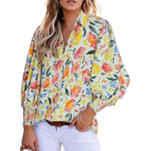 image:imageAstylish Women Loose VNeck Shirts Paisley Print Lantern Sleeve Blouse Boho TopsYellow