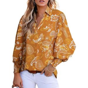image:imageAstylish Women Loose VNeck Shirts Paisley Print Lantern Sleeve Blouse Boho TopsZa Apricot