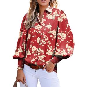 image:imageAstylish Women Loose VNeck Shirts Paisley Print Lantern Sleeve Blouse Boho TopsZa Floral Red