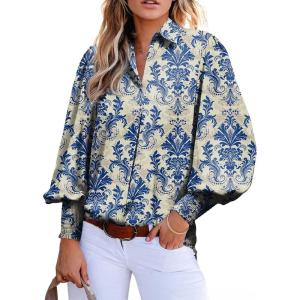 image:imageAstylish Women Loose VNeck Shirts Paisley Print Lantern Sleeve Blouse Boho TopsZb Dark Blue