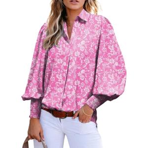 image:imageAstylish Women Loose VNeck Shirts Paisley Print Lantern Sleeve Blouse Boho TopsZb Floral Pink