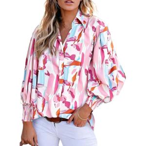 image:imageAstylish Women Loose VNeck Shirts Paisley Print Lantern Sleeve Blouse Boho TopsZb Light Pink