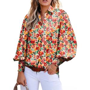 image:imageAstylish Women Loose VNeck Shirts Paisley Print Lantern Sleeve Blouse Boho TopsZb Print Red