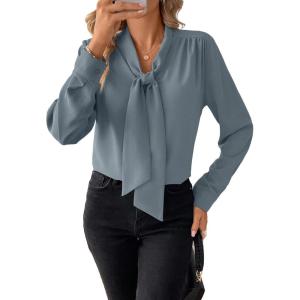 image:imageAstylish Womens Bow Tie Neck Tops 2026 Long Sleeve Trendy Business Work Blouses Elegant Dressy Casual ShirtsBlue Haze