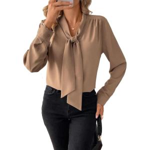 image:imageAstylish Womens Bow Tie Neck Tops 2026 Long Sleeve Trendy Business Work Blouses Elegant Dressy Casual ShirtsCamel