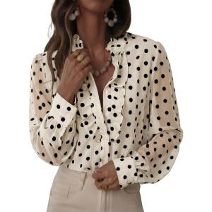 image:imageAstylish Womens Dressy Button Down Polka Dot Tops Trendy V Neck Sheer Mesh Long Sleeve Ruffle Trim Blouse ShirtsBeige