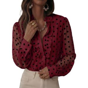 image:imageAstylish Womens Dressy Button Down Polka Dot Tops Trendy V Neck Sheer Mesh Long Sleeve Ruffle Trim Blouse ShirtsBurgundy