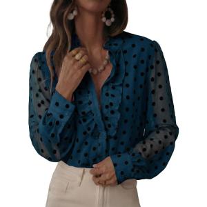 image:imageAstylish Womens Dressy Button Down Polka Dot Tops Trendy V Neck Sheer Mesh Long Sleeve Ruffle Trim Blouse ShirtsReal Teal