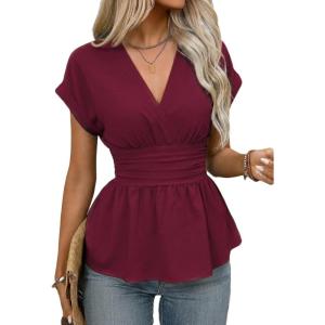image:imageAstylish Womens Elegant Wrap V Neck Peplum Tops Cap Sleeve Stretchy Ruched Ruffle Dressy Blouses ShirtsBurgundy