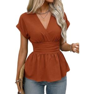 image:imageAstylish Womens Elegant Wrap V Neck Peplum Tops Cap Sleeve Stretchy Ruched Ruffle Dressy Blouses ShirtsCinnamon