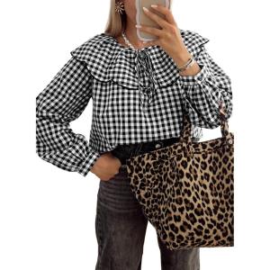 image:imageAstylish Womens Plaid Ruffle Peter Pan Neck Blouse Casual Long Sleeve Gingham Trendy Tops Work Checkered ShirtBlack