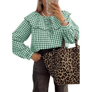 image:imageAstylish Womens Plaid Ruffle Peter Pan Neck Blouse Casual Long Sleeve Gingham Trendy Tops Work Checkered ShirtBlackish Green