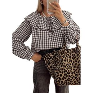 image:imageAstylish Womens Plaid Ruffle Peter Pan Neck Blouse Casual Long Sleeve Gingham Trendy Tops Work Checkered ShirtCoffee