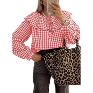 image:imageAstylish Womens Plaid Ruffle Peter Pan Neck Blouse Casual Long Sleeve Gingham Trendy Tops Work Checkered ShirtFiery Red