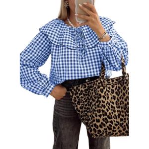 image:imageAstylish Womens Plaid Ruffle Peter Pan Neck Blouse Casual Long Sleeve Gingham Trendy Tops Work Checkered ShirtNavy Blue