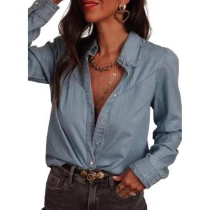 image:imageAstylish Womens Ruffle V Neck Button Down Denim Shirt Casual Long Sleeve Trendy Chambray Jean Tops WorkBeau Blue