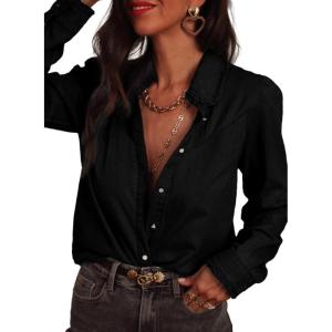 image:imageAstylish Womens Ruffle V Neck Button Down Denim Shirt Casual Long Sleeve Trendy Chambray Jean Tops WorkBlack
