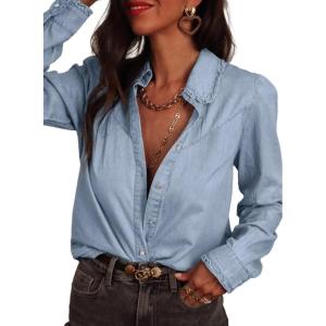 image:imageAstylish Womens Ruffle V Neck Button Down Denim Shirt Casual Long Sleeve Trendy Chambray Jean Tops WorkMyosotis
