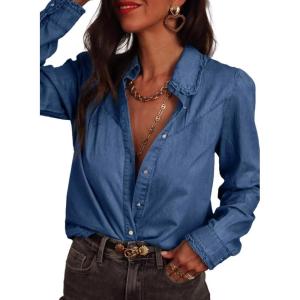 image:imageAstylish Womens Ruffle V Neck Button Down Denim Shirt Casual Long Sleeve Trendy Chambray Jean Tops WorkSail Blue