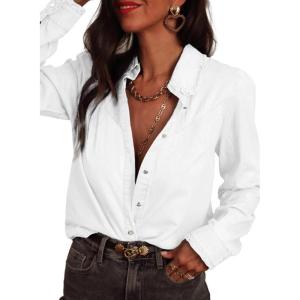 image:imageAstylish Womens Ruffle V Neck Button Down Denim Shirt Casual Long Sleeve Trendy Chambray Jean Tops WorkWhite